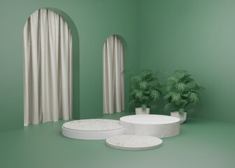 3d rendering Green pastel display podium product stand on background. Leaves plant palm summer