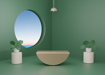3d rendering Green pastel display podium product stand on background. Leaves plant palm summer