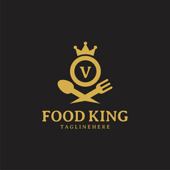 Initial letter V King food Logo Design Template. Illustration vector graphic. Design concept fork,spoon and crown With letter symbol. Perfect for  cafe, restaurant, cooking business