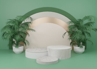 3d rendering Green pastel display podium product stand on background. Leaves plant palm summer