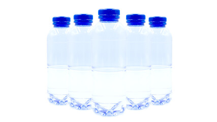Water bottles lined up , Plastic water bottle disposable , Blue lid clear water bottle ,isolated on white background
