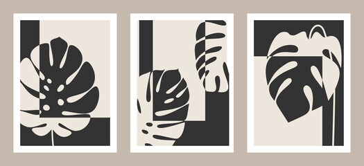 Fototapeta premium Set of abstract art nature backgrounds. Modern shape line art, foliage, botanical, tropical leaves floral design for cover, wallpaper, home decoration, wall art.
