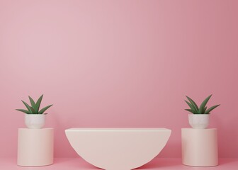 3d rendering Pink pastel display podium product stand on background. Leaves plant palm summer