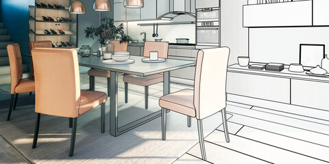 Cute Open Area Kitchen (draft) - panoramic 3D Visualization