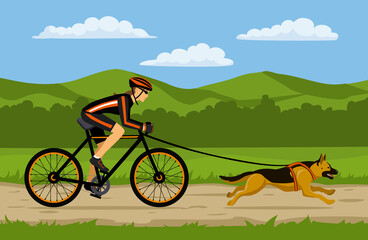 Woman cycling bikejoring with her dog. outdoor workout