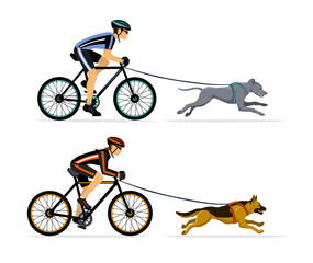 Couple, Man and Woman bikejoring with their dogs vector illustration. Outdoor Training Exercising