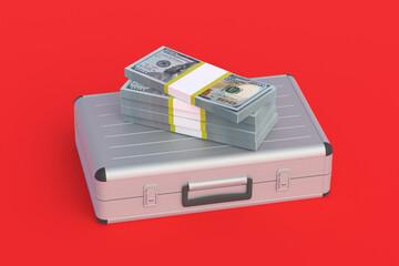 Heap of money near metal suitcase. Big win. International financial transfers, transactions, operations. Business investment, startup. Bank refinancing. Grand shopping. 3d render