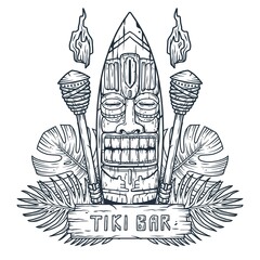 Surfing tiki mask hawaii wooden tiki mask for trendy bar. Traditional ethnic idol and hawaiian surf, maori or polynesian. Design old tribal totem