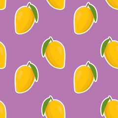 Seamless vector pattern with mango on a purple  background. Suitable for the design of textile fabric, wrapping paper, and wallpaper for websites. Vector illustration.