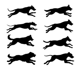 Jumping running dogs silhouettes set
