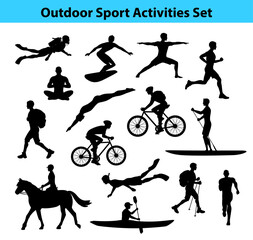 Outdoor Training Sport Activities. Male Silhouette.  Man Swimming, Trekking, Running, Cycling, Doing Yoga, Hiking, Diving, Kayaking, Stand up paddle boarding, Surfing, Scuba diving, Snorkeling
