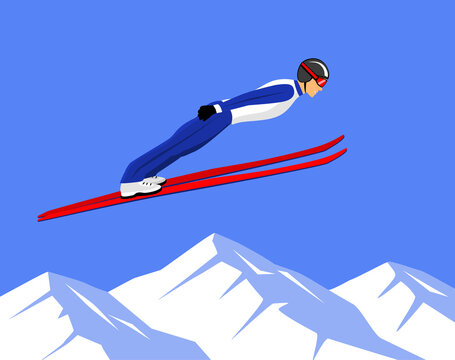Winter Athletic Sports Ski Jumping Vector illustration.