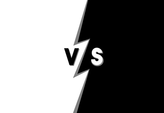A side (white) versus another (black), made as a split screen in a bold cartoonish style with the text VS, a lightning in the middle, and copy space.
