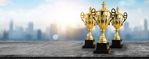 1st champion award, the best prize and winner concept, championship cup or winner trophy on wood...