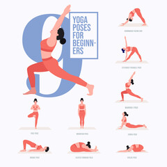 Fototapeta na wymiar Beginner yoga poses. Young woman practicing Yoga pose. Woman workout fitness, aerobic and exercises. Vector Illustration. 
