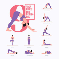 Beginner yoga poses. Young woman practicing Yoga pose. Woman workout fitness, aerobic and exercises. Vector Illustration.	