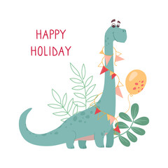 Funny green brontosaurus on a greeting card. Dinosaur, Bunting and Balloon Festival. Childrens vector postcard for printing, white background © Анна Канищева