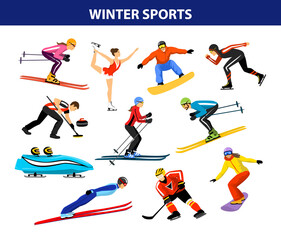 Fototapeta na wymiar Winter Ice Snow Sports Set includin cross country, freestyle skiiing, sowboarding, speed skating, sliding, bobsled, ski jumping, curling and figure skating. Male and female sportsman