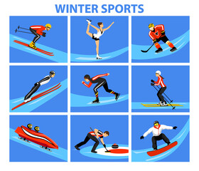 Fototapeta na wymiar Winter Ice Snow Sports Set including cross country, freestyle skiing, snowboarding, speed skating, sliding, bobsled, ski jumping, curling and figure skating. Male and female sportsman