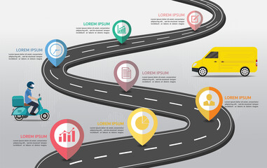 Road infographics. road map to success with pin pointers.road map timeline infographic.Timeline infographic 7 milestone like a road.