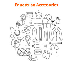Equestrian equipment, accessories set in line art style. Horseback riding gear and tack
