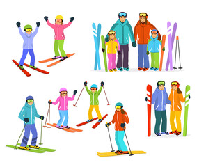 Fototapeta na wymiar man, woman, boy and girl skiers set. couple, family and children winter fun activity