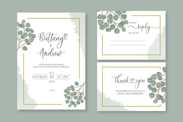 Wedding vector floral invite invitation thank you, reply watercolor design set: eucalyptus green leaves elegant greenery.