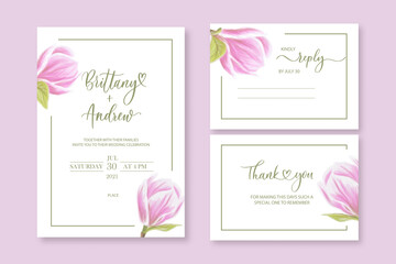 Wedding vector floral invite invitation thank you, reply watercolor design set: magnolia pink flowers elegant.