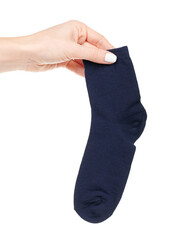 Hand wtih dark blue cotton socks isolated on white background