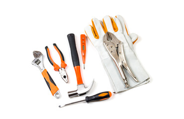 Mechanic gloves to wear for work With tools to place in groups On white background