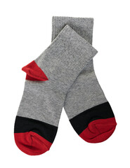 Grey and red cotton socks isolated on white background