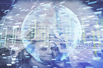 Multi exposure of business theme drawing over us dollars bill background. Concept of financial success.