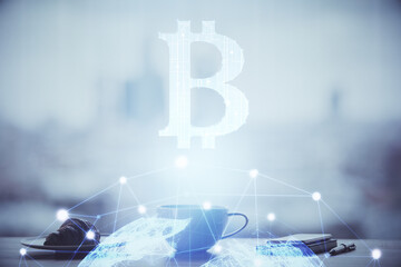 Double exposure of crypto currency theme drawing hologram over coffee cup background in office. Concept of international blockchain.