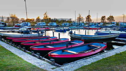 Fototapeta na wymiar Panorama with boats in lake called Leekstermeer near Leek in municipallity Noordenveld, Groningen The Netherlands