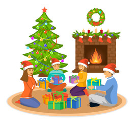 Happy Family, man, woman and kids celebrating merry christmas, sitting in living room on the floor at fireplace and decorated christmas tree, exchanging xmas presents