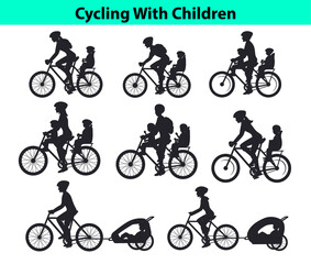 Family, Parents, Man Woman with their children, boy and girl, riding bikes. Safe kids seats and trolleys to travel cycling together silhouettes vector illustration