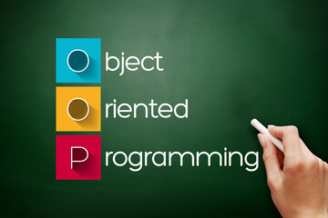 OOP - Object Oriented Programming acronym, technology concept background on blackboard
