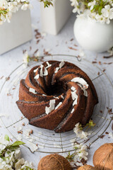 Homemade bundt cake decorate with flowers.