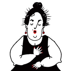 illustration caricature of funny woman singing with closed eyes isolated on white