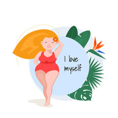 I love myself. Body positivity. Womens day. White plump woman in swimsuit, positive body concept, standing against blue background with tropical leaves and flowers. Hello summer.