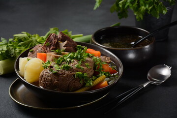 Pot-au-feu, traditional french stew. Stewed beef and potatoes. In France considered a national dish.