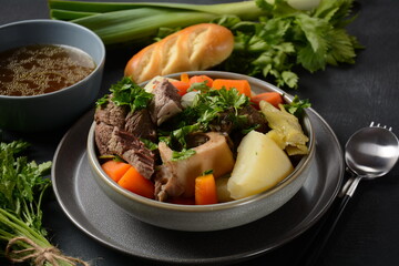 Pot-au-feu, traditional french stew. Stewed beef and potatoes. In France considered a national dish.