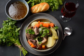 Pot-au-feu, traditional french stew. Stewed beef and potatoes. In France considered a national dish.
