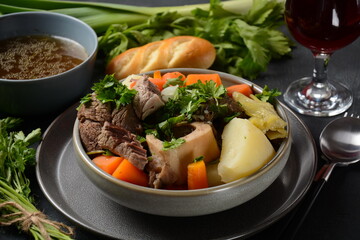 Pot-au-feu, traditional french stew. Stewed beef and potatoes. In France considered a national dish.