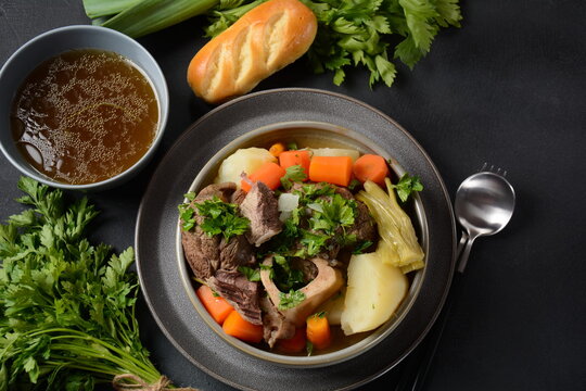 Pot-au-feu, traditional french stew. Stewed beef and potatoes. In France considered a national dish.