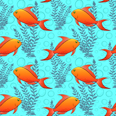 Tropical coral fishes and seaweed seamless pattern. Exotic ocean creatures surface pattern design. Aquatic animals endless texture. Underwater fauna boundless background. Sea life editable tile.