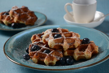 Traditional belgian waffles with fresh fruit  or american waffles delicious sweet dish, dessert snack menu concept