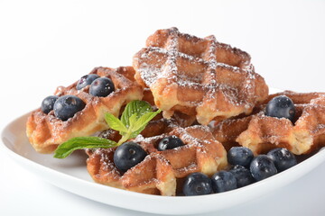 Traditional belgian waffles with fresh fruit  or american waffles delicious sweet dish, dessert snack menu concept