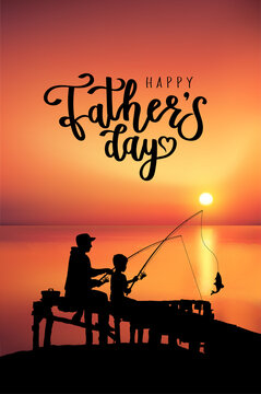 Happy Father's Day card. Silhouettes of dad and son fishing on the sunset together. Fathers day text lettering poster. Easy to edit vector illustration of father and son fishing.
