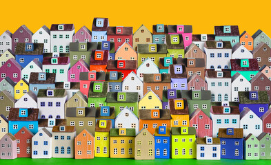 City background with rows of wooden colorful houses - obrazy, fototapety, plakaty